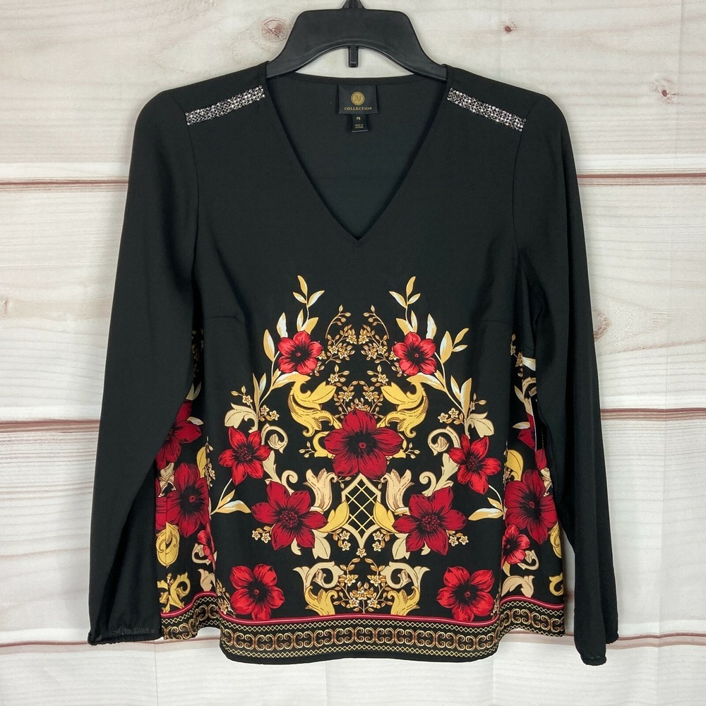 JM Collection Top Womens PS Petite‎ Embellished Shoulder V-Neck Blouse Floral